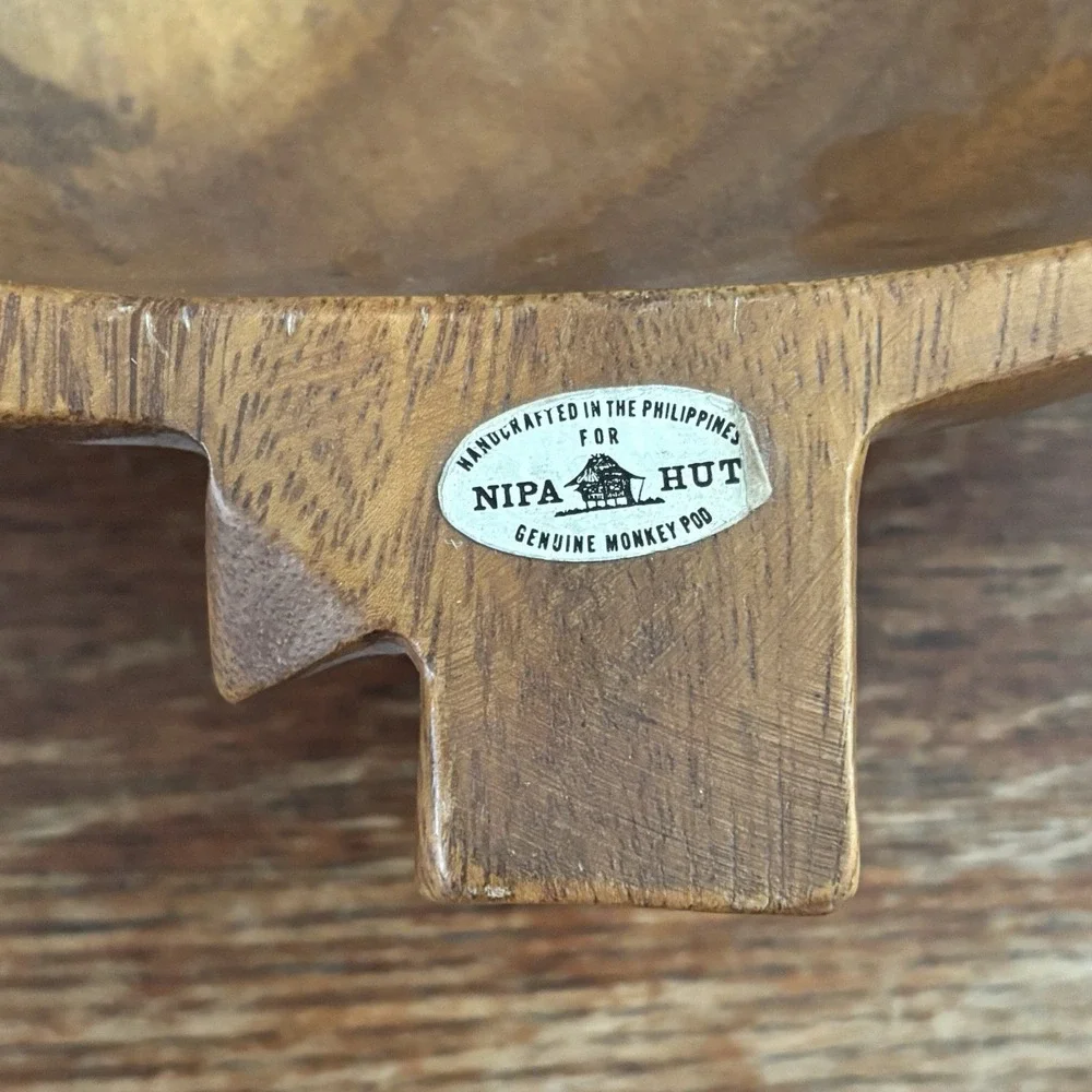 Vintage Hand Carved Nipa Hut Monkey Pod Wood Acorn Shape Bowl Dish Philippines